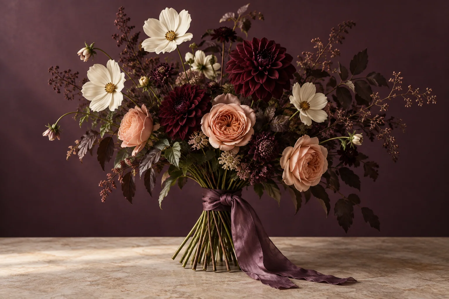 Ramo de autor con dalias granate, rosas de jardín color melocotón y cosmos blancos atado con cinta ciruela