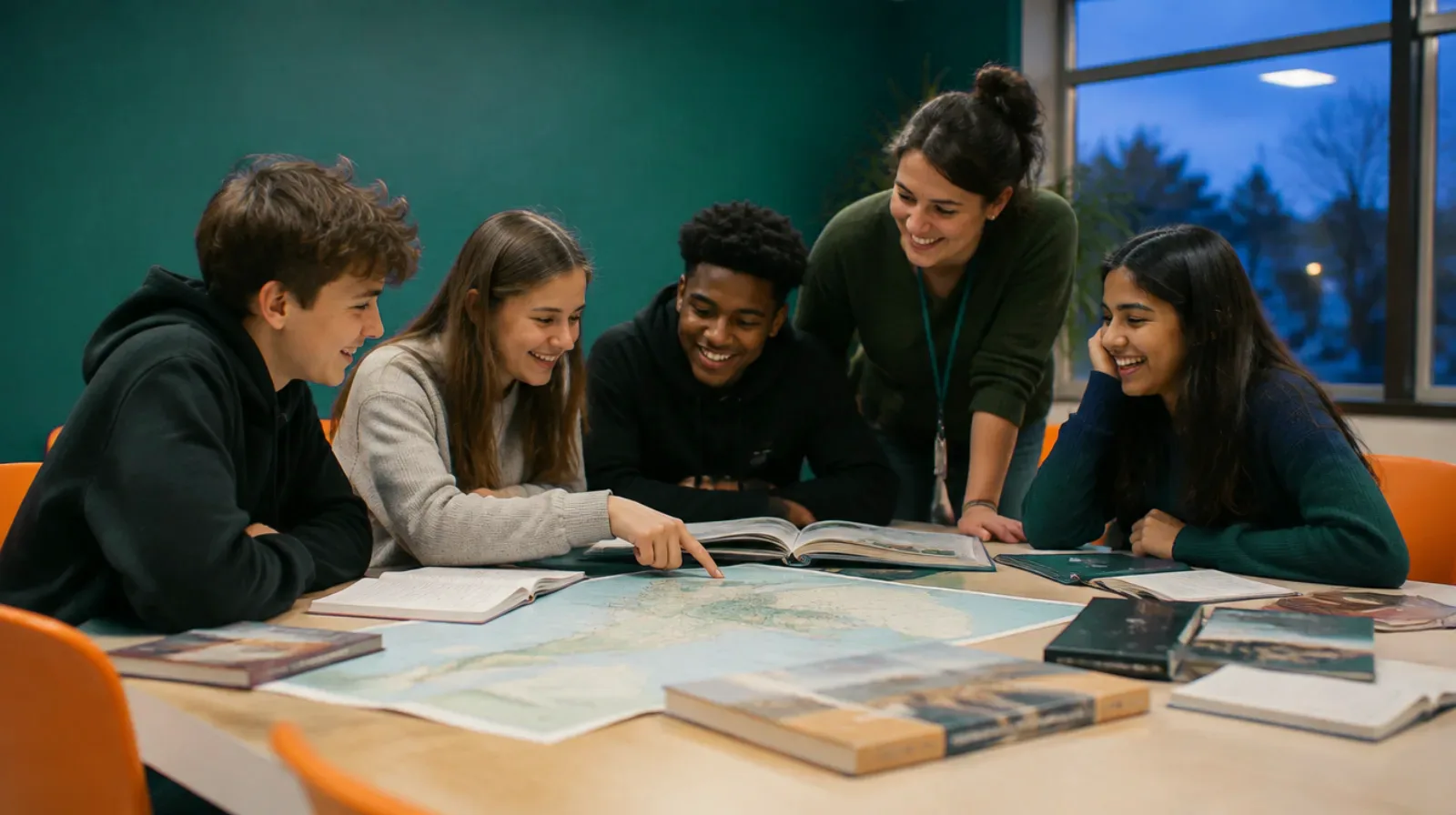 Jóvenes y una voluntaria alrededor de una mesa con libros y mapas en un centro comunitario