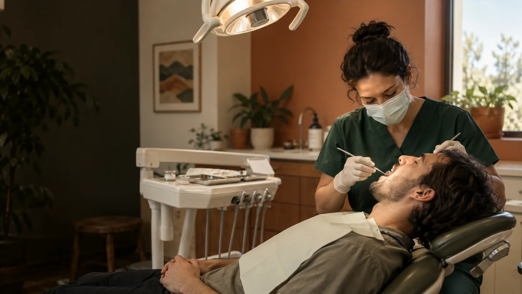 Dentista atiende con cuidado a un paciente en una consulta cálida