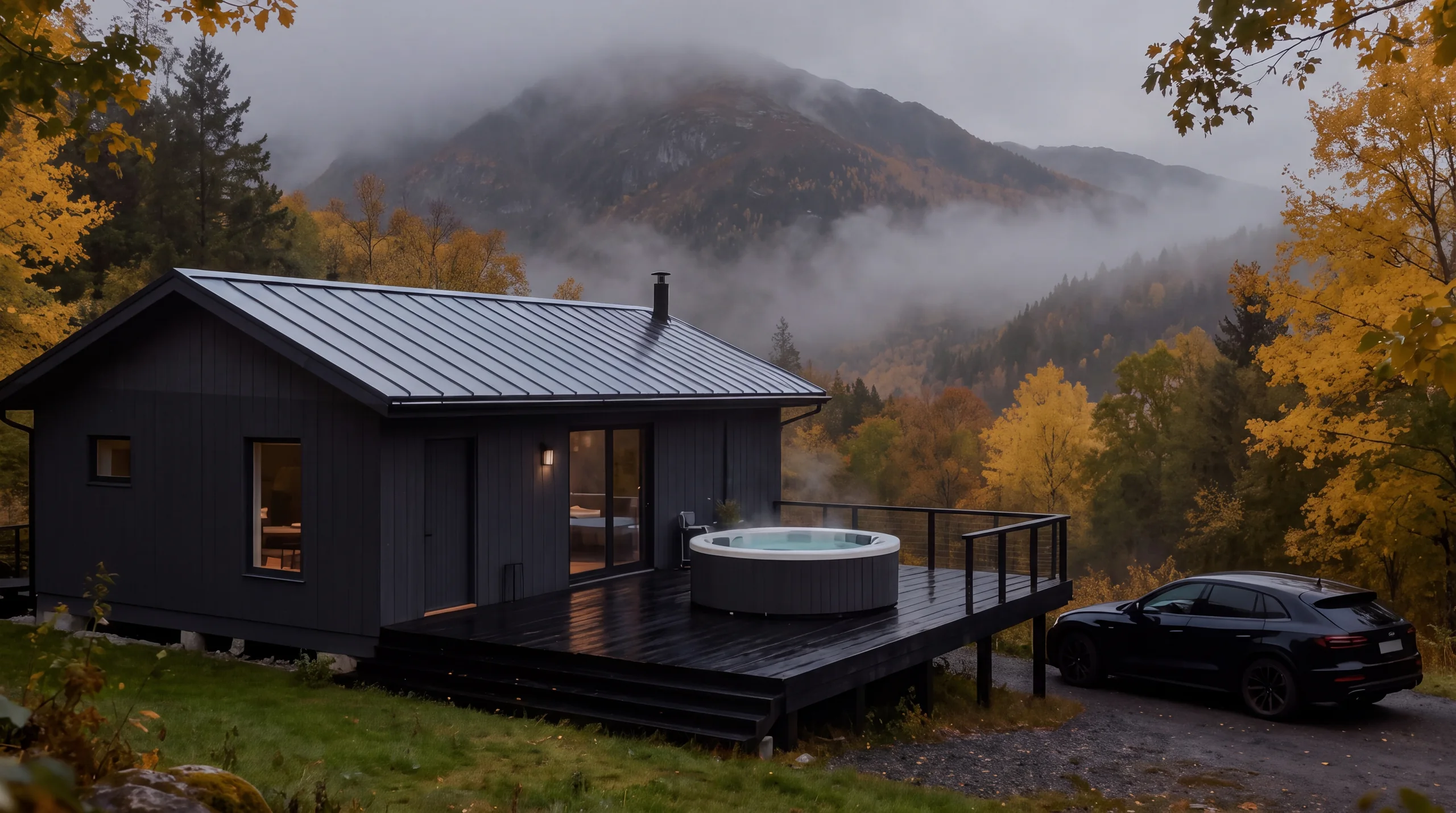 Cabaña de madera negra con poza al aire libre sobre un valle de otoño entre la bruma