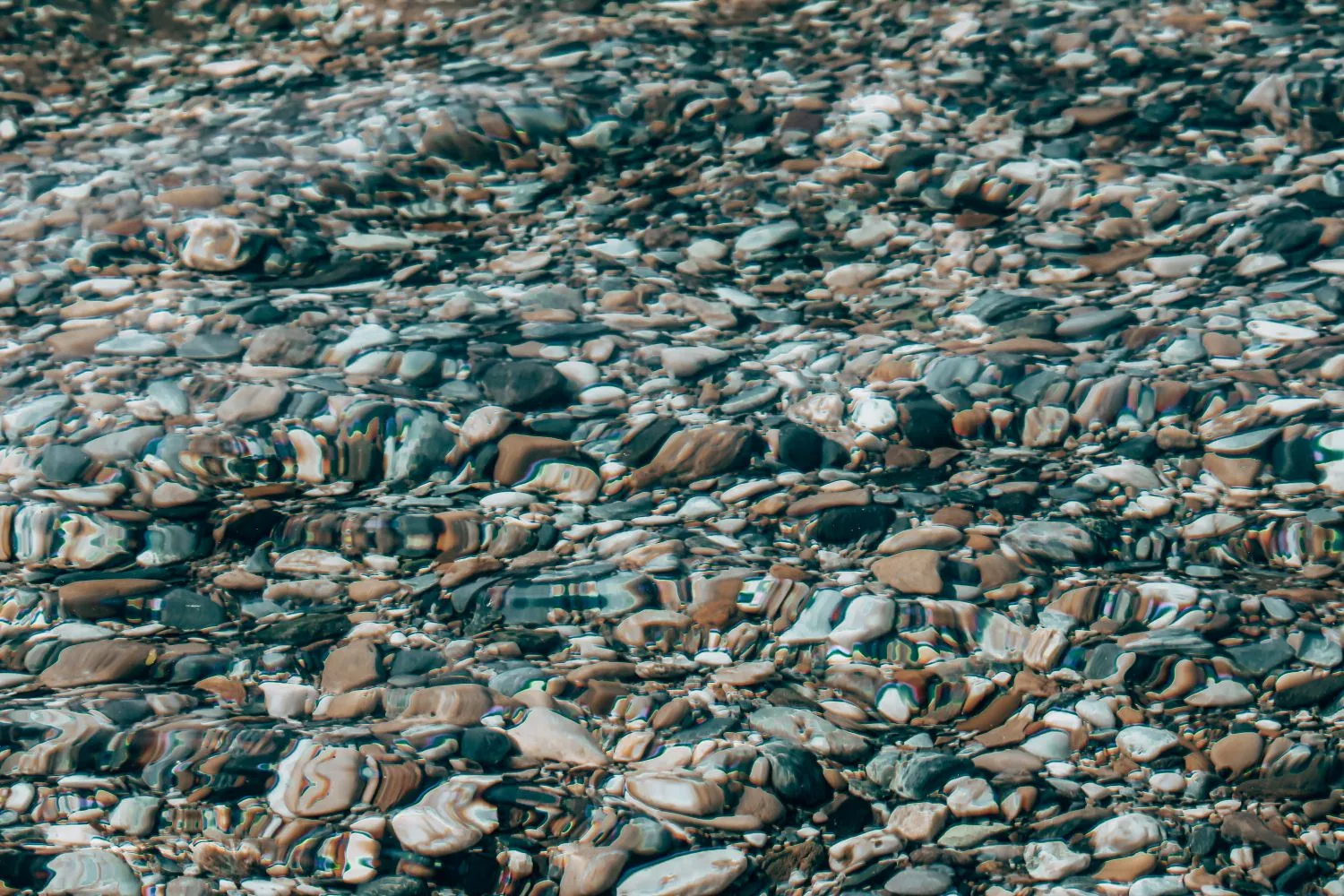 Piedras de colores bajo el agua clara de un arroyo