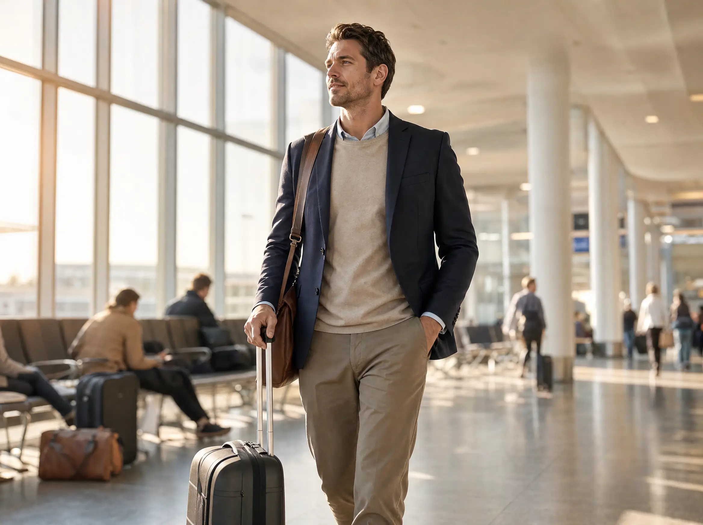 Viajero de empresa cruzando una terminal de aeropuerto