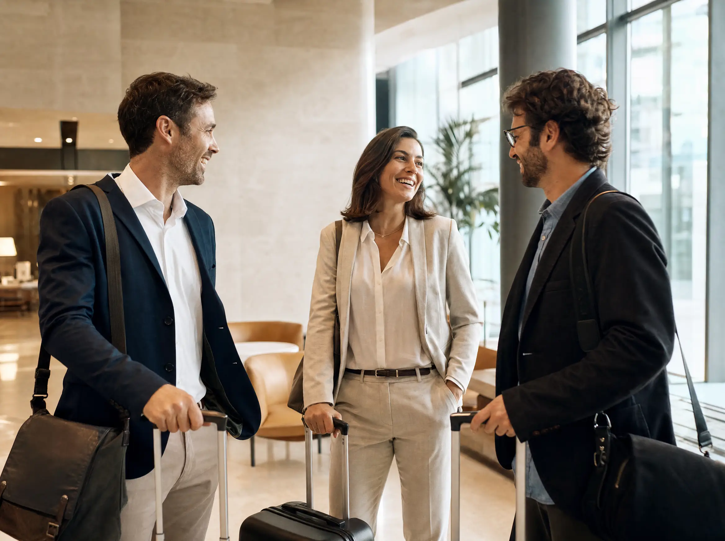 Equipo de trabajo con equipaje en el vestíbulo de la oficina