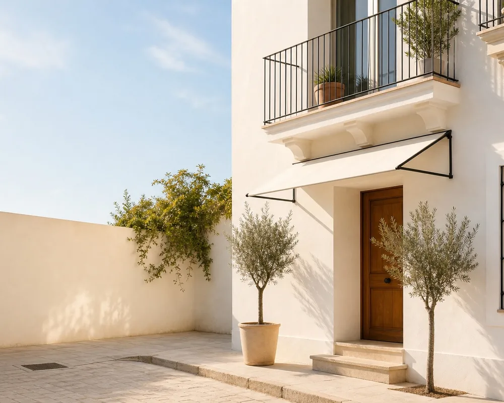 Fachada de vivienda con acabados de piedra y vegetación