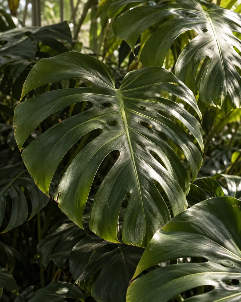Hojas de monstera y luz de jardín