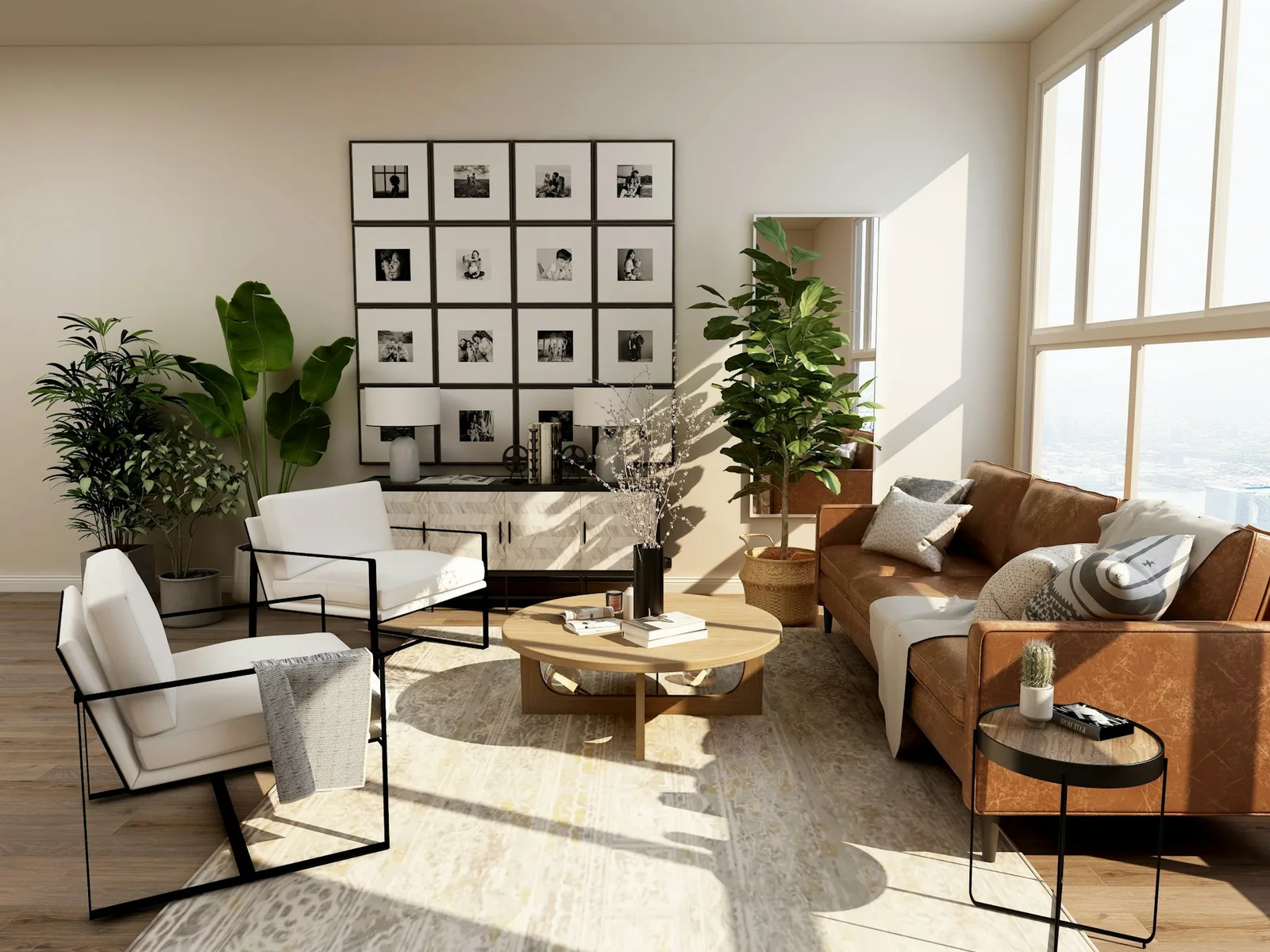 Una sala luminosa con sofás, plantas y luz natural