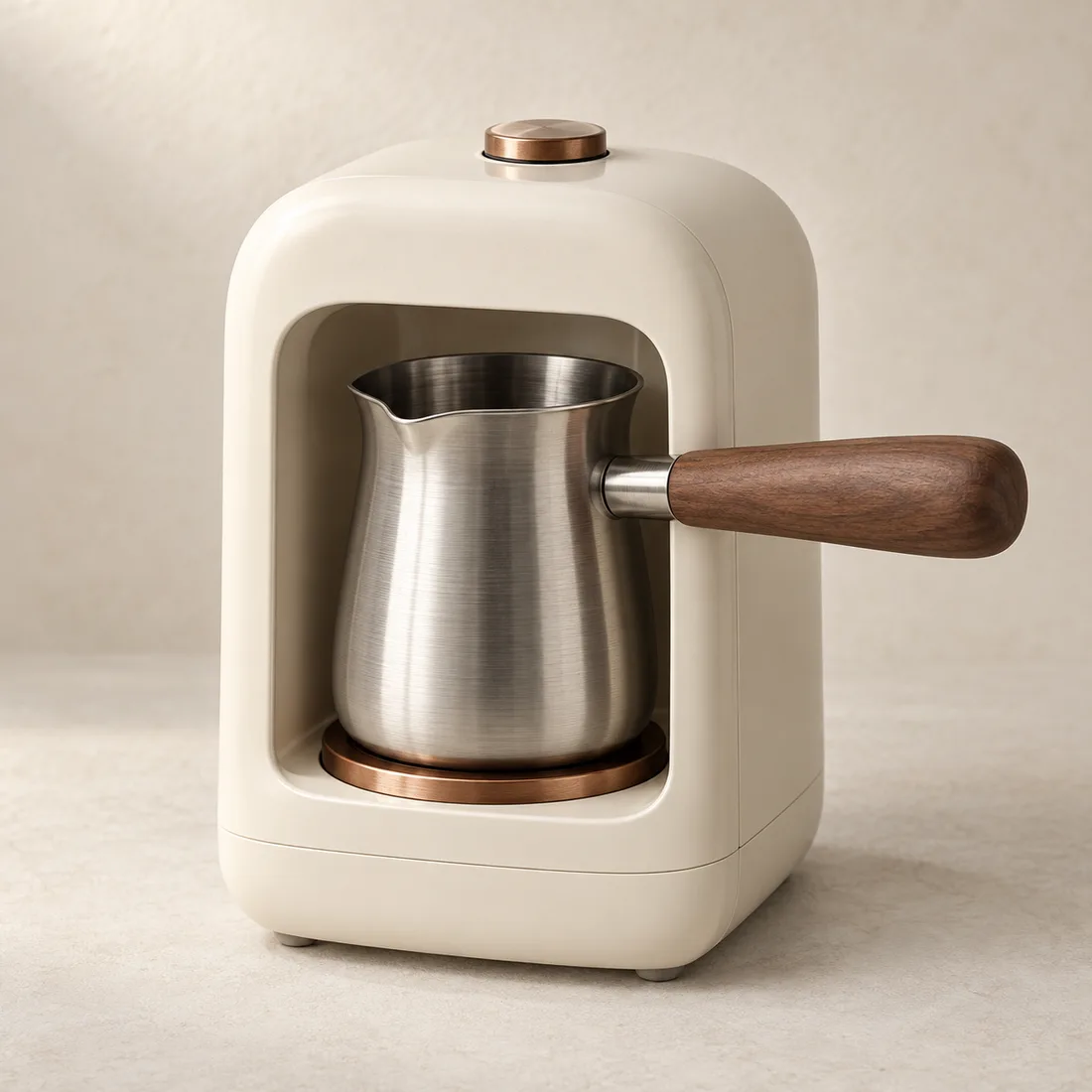 Sobremesa, cafetera de cocción lenta en marfil, acero y nogal