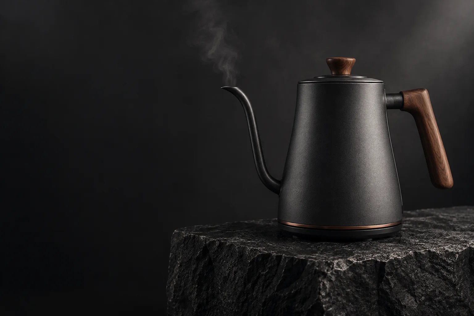 Cauce, hervidor de carbón mate y nogal sobre piedra negra