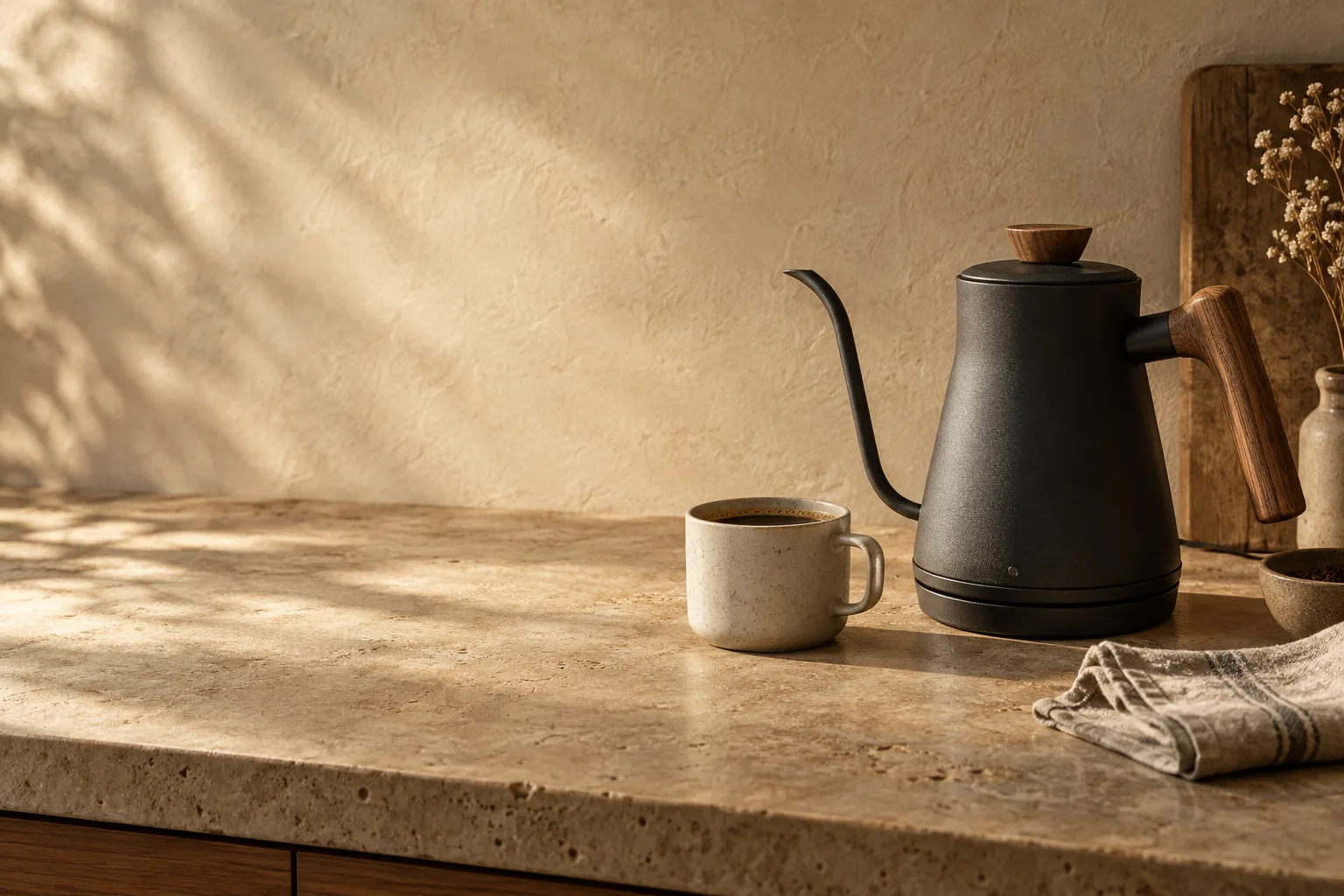 Una taza de café junto a un hervidor sobre piedra, iluminados por el sol de la mañana