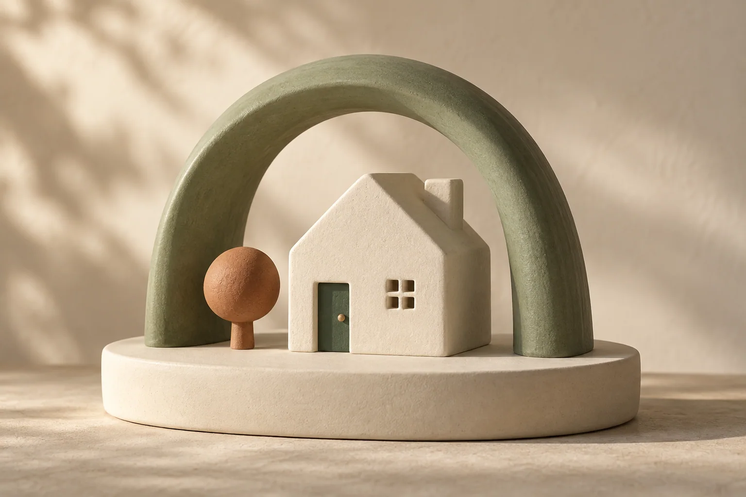 Maqueta de cerámica de una casa bajo un arco verde, sobre una peana