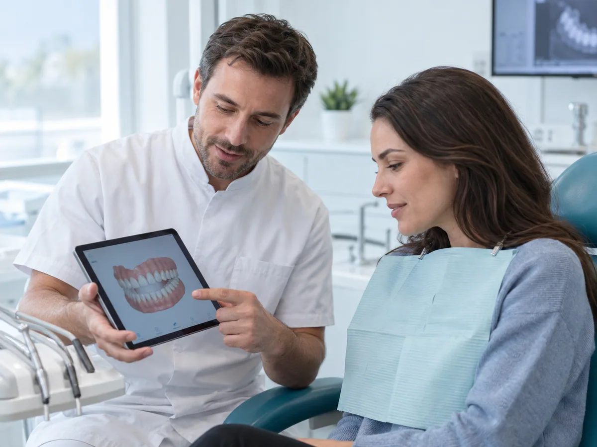 Dentista y paciente revisan un modelo dental digital