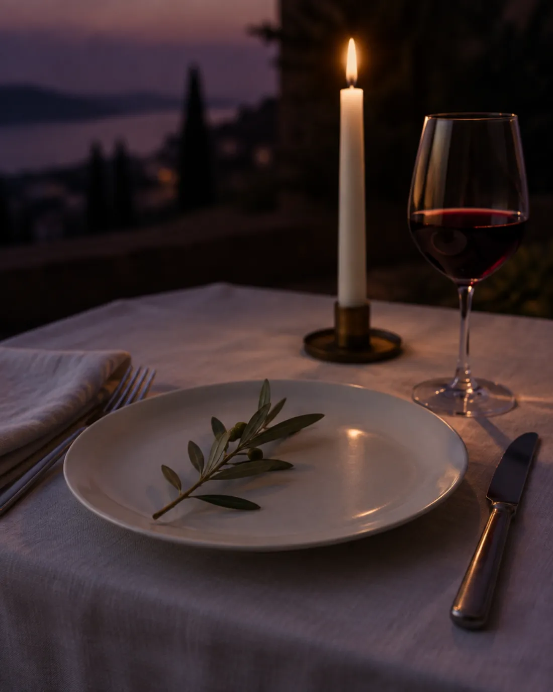 Servicio de mesa al anochecer: plato blanco con una ramita de olivo, vela encendida y copa de vino tinto sobre mantel de lino