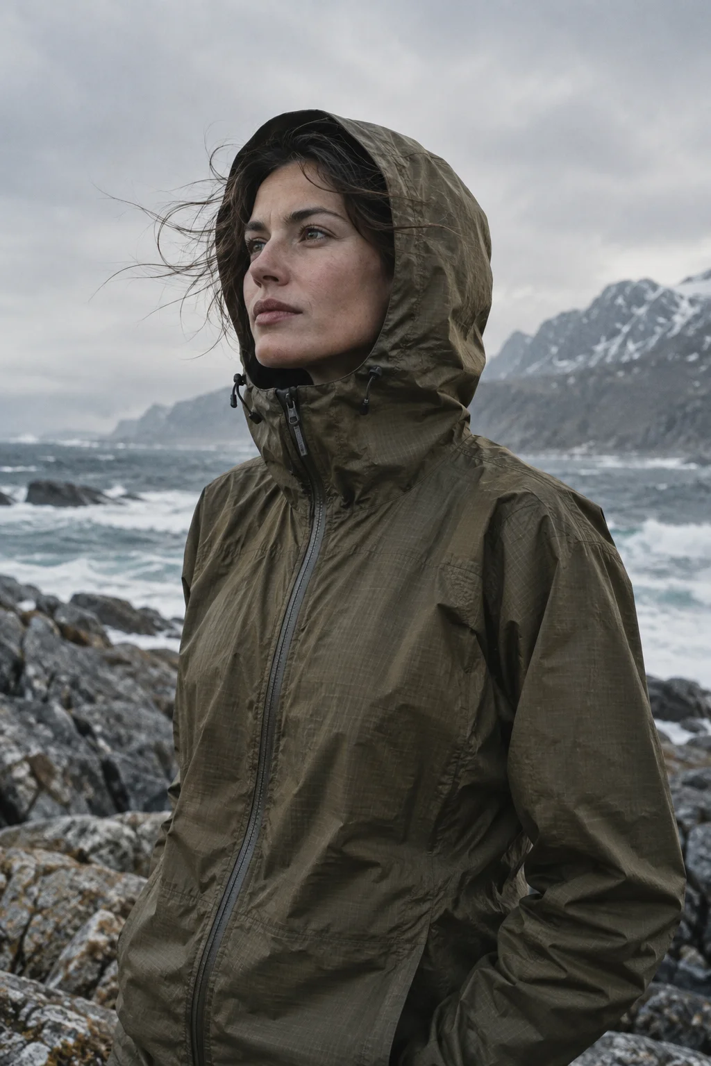 Retrato editorial con una chaqueta técnica en una costa ventosa